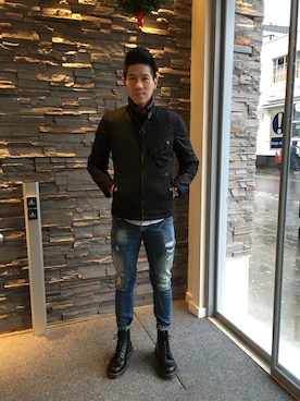 「Barbour（バブアー）のアイテム（ライダースジャケット）」を使った、Curtis Wengさん（メンズ・175cm）の冬コーディネート