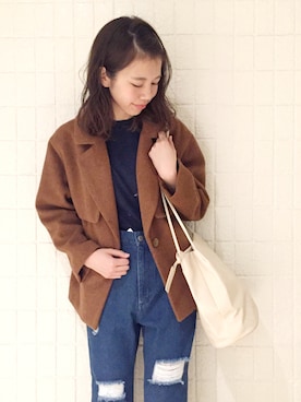 「ショート丈ジャケット」｜「アイテム（ニット/セーター）」を使った、かとまりさん（レディース・165cm）の秋コーディネート