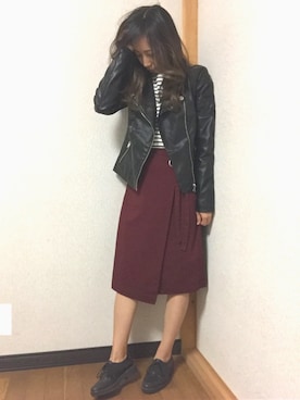「ラップスカート」｜「アイテム（ライダースジャケット）」を使った、YUKAKO.❥さん（レディース・155cm）の秋コーディネート