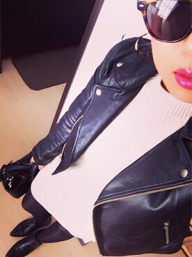 「HARE（ハレ）のラムレザーＷライダース(HARE)（ライダースジャケット、ブラック系）」を使った、miyabinnnさん（レディース・158cm）の秋コーディネート