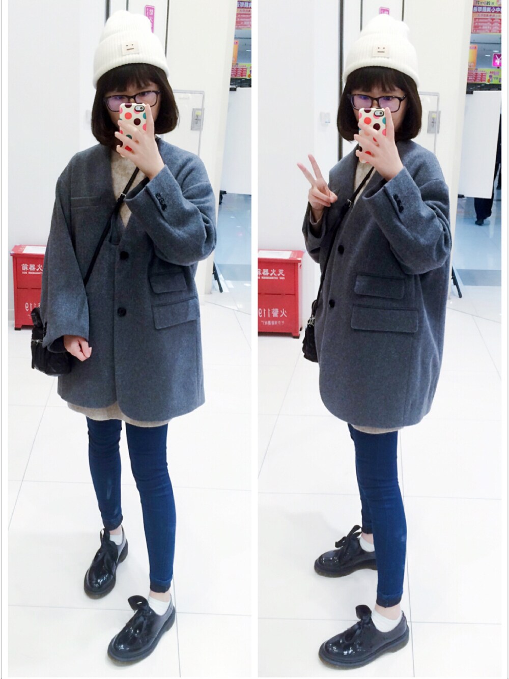 グレー系のノーカラージャケット、ベージュ系のワンピース、ブラック系のドレスシューズを着用したレディースの秋コーディネートの1枚目の写真