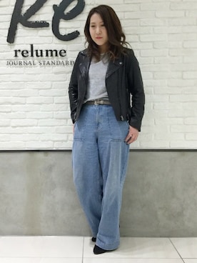 「relume」｜「アイテム（ライダースジャケット）」を使った、JOURNAL STANDARD relume札幌店スタッフさん（レディース・154cm）の冬コーディネート