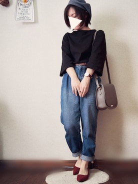 「マムジーンズ」｜「アイテム（ハンチング/ベレー帽）」を使った、*ma.ru*さん（レディース・149cm）の秋コーディネート