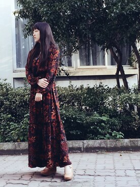 「H&M（エイチ・アンド・エム）のアイテム（ワンピース、レッド系）」を使った、Rakuさん（レディース）の秋コーディネート