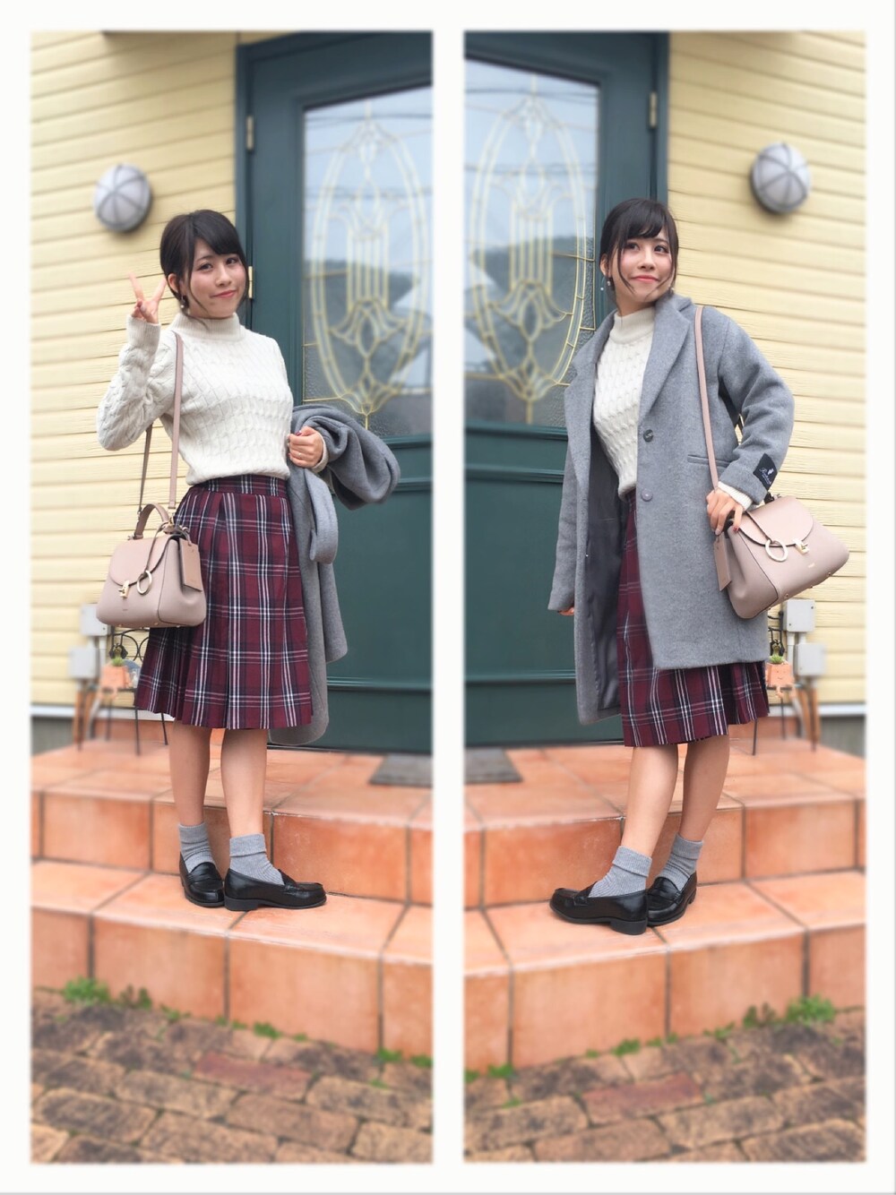 ホワイト系のニット/セーター、グレー系のその他アウター、レッド系のスカートを着用したレディースの冬コーディネートの1枚目の写真