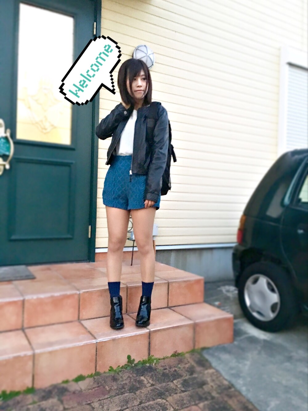 「ライダース、サイドゴアブーツ、ショートパンツ、ショートブーツ、ニット、Lily Brown、リリーブラウン、リュック、ブーティ」｜「no brandのアイテム（ライダースジャケット、ブラック系）」を使った、M⃝I⃝S⃝U⃝Z⃝U⃝さん（レディース・158cm）の冬コーディネートの1枚目の写真