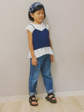 「petit main（プティマイン）のアイテム（Tシャツ/カットソー、ブルー系）」を使った、こころさん（キッズ・125cm）の夏コーディネート