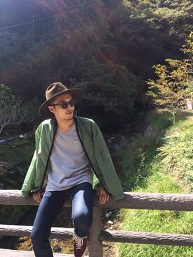 「アイテム（ナイロンジャケット、グリーン系）」を使った、amane moriyamaさん（メンズ・175cm）の秋コーディネート