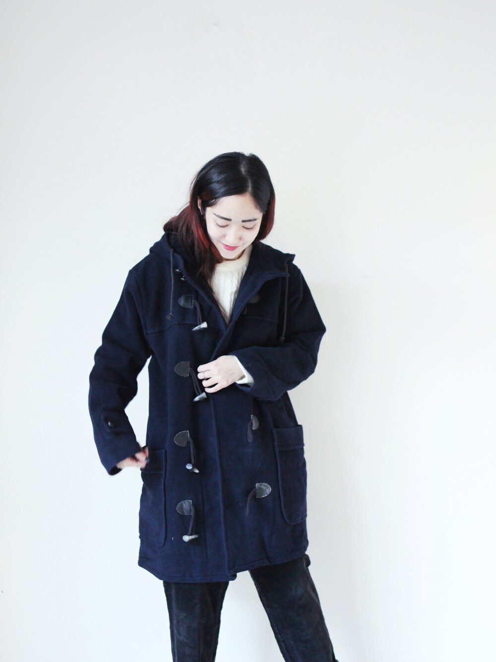 「vintage、blue、aroommodel、duffle coat」｜「深藍牛角扣大衣（ダッフルコート、ブルー系）」を使った、AROOMMODELさん（レディース・165cm）の冬コーディネートの1枚目の写真