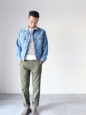 「アイテム（デニムジャケット）」を使った、AROOMMODELさん（メンズ・189cm）の冬コーディネート