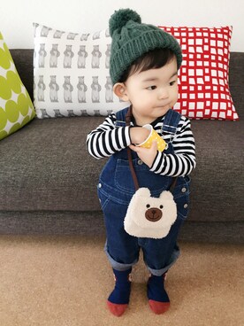 「ボーダーニット」｜「アイテム（オールインワン・サロペット）」を使った、H_Kaさん（キッズ・80cm）の冬コーディネート