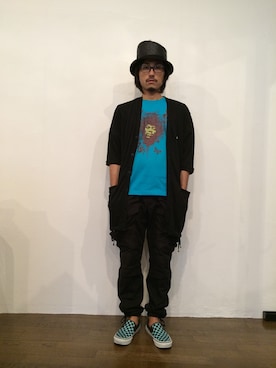 「青いTシャツ」｜「アイテム（帽子）」を使った、yusuke kanekoさん（メンズ・168cm）の夏コーディネート