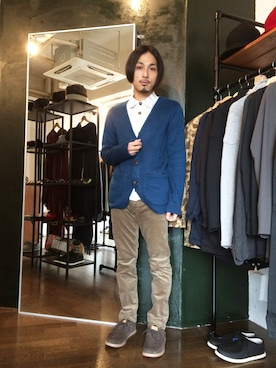 「スエードシューズ」｜「アイテム（カーディガン/ボレロ）」を使った、yusuke kanekoさん（メンズ・168cm）の秋コーディネート