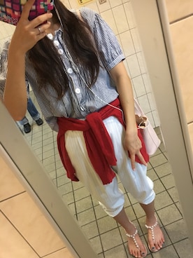 「no brand（ノーブランド）のアイテム（シャツ/ブラウス、ブルー系）」を使った、c h u r i ..*さん（レディース・169cm）の夏コーディネート