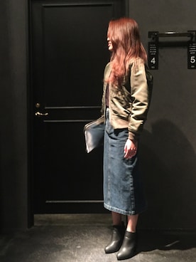 「AZUL by moussy（アズールバイマウジー）のアイテム（MA-1）」を使った、fuuさん（レディース・158cm）の冬コーディネート