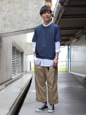 「JUNRED（ジュンレッド）のアイテム（チノパンツ）」を使った、SHUNSUKEさん（メンズ・184cm）の夏コーディネート