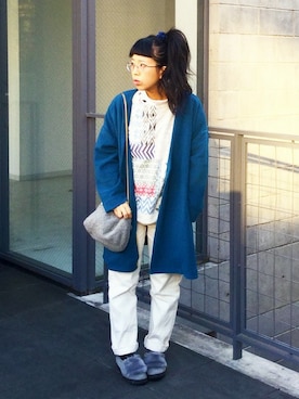 「ブルー x ホワイト」｜「アイテム（スウェット）」を使った、nah.oさん（レディース・152cm）の冬コーディネート