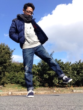 「アイテム（ルームウェア、ブルー系）」を使った、jin206さん（メンズ・169cm）の冬コーディネート