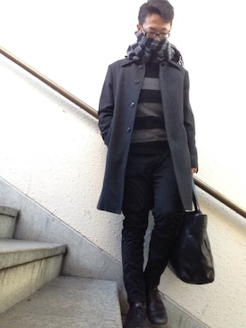 「COMME CA DU MODE（コムサデモード）のアイテム（ステンカラーコート）」を使った、jin206さん（メンズ・169cm）の冬コーディネート