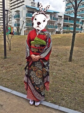 「アイテム（水着/着物・浴衣、レッド系）」を使った、rioさん（レディース・162cm）の冬コーディネート