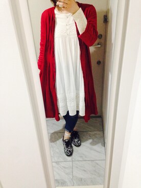 「アイテム（シャツワンピース、レッド系）」を使った、かにゃさん（レディース・162cm）の春コーディネート