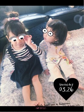 「outfit」｜「アイテム（サロペット/オーバーオール）」を使った、めぐみんさん（キッズ・90cm）の春コーディネート