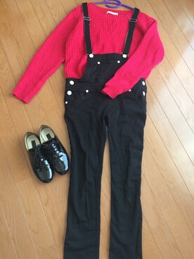 「黒スキニー」｜「アイテム（オールインワン・サロペット）」を使った、かつぉさん（レディース・156cm）の冬コーディネート