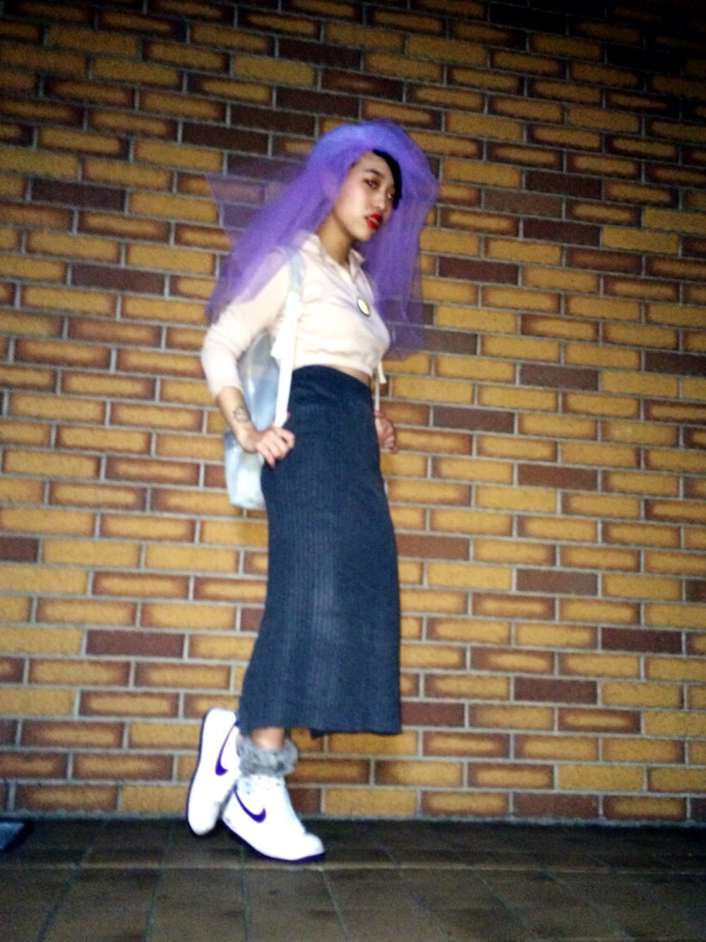 「G.V.G.V.のチュール付ベレー帽（ハンチング/ベレー帽、パープル系）」を使った、ERIKOさん（レディース・155cm）の秋コーディネートの1枚目の写真