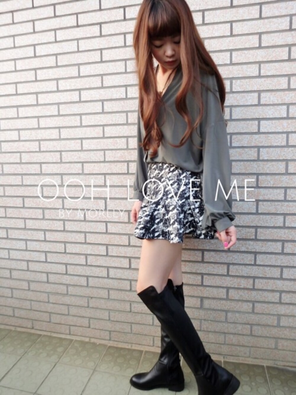 「morlly、OOHLOVEME、ootd、fashion、boots、fall、膝上靴、靴下屋、lady、秋天」｜「OOHLOVEMEのアイテム（アンサンブル、グリーン系）」を使った、Morllyさん（レディース・161cm）の秋コーディネートの1枚目の写真