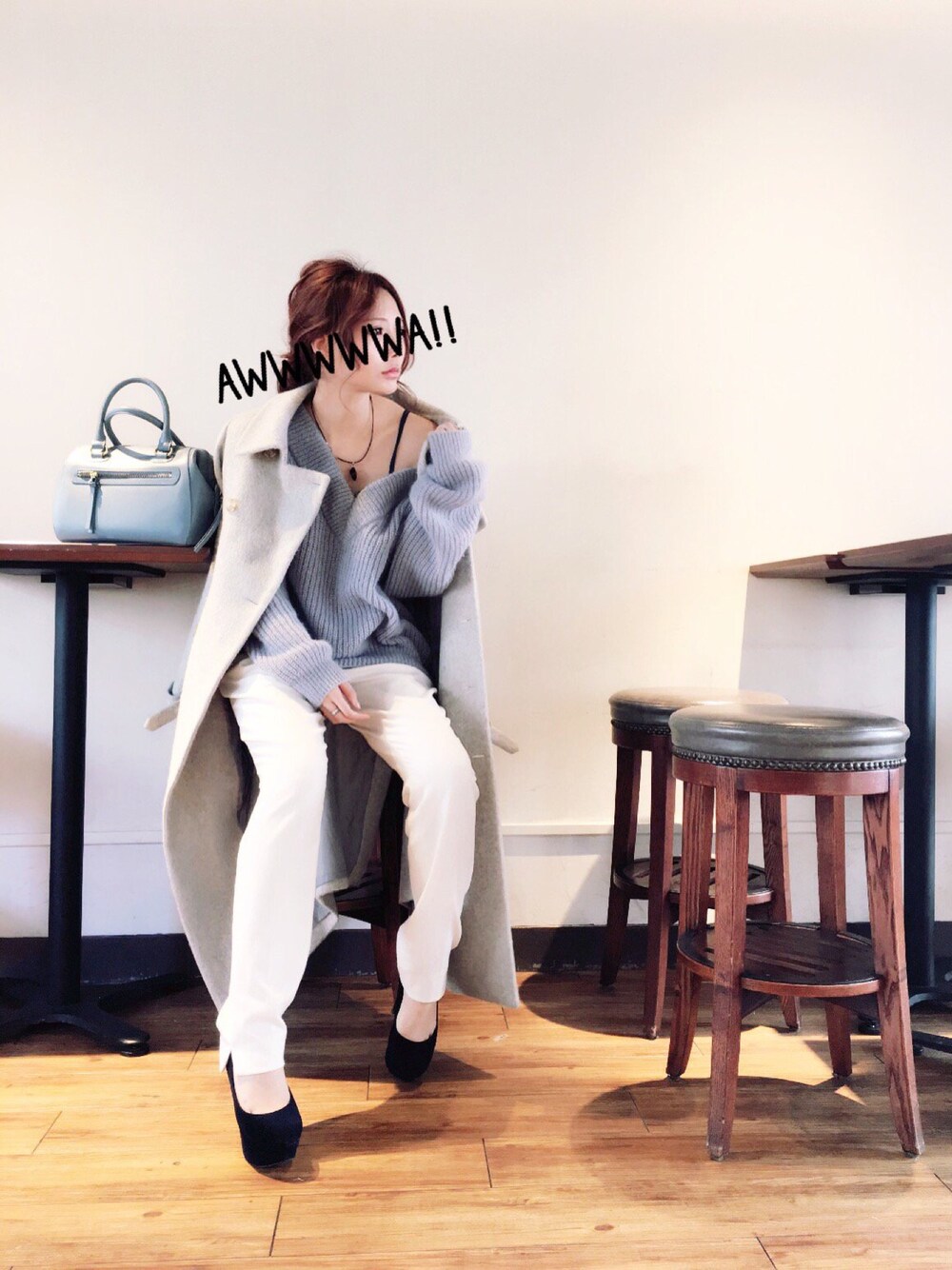 「radley、massimo dutti、deicy、cafe、Vネック」｜「DEICYの後Vﾓﾍｱﾆｯﾄ（ニット/セーター、ブルー系）」を使った、Marinaiさん（レディース・155cm）の冬コーディネートの1枚目の写真