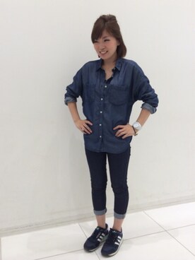 「GU（ジーユー）のアイテム（シャツ/ブラウス、ブルー系）」を使った、ayapanさん（レディース・153cm）の冬コーディネート