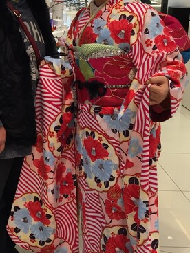 「アイテム（水着/着物・浴衣、レッド系）」を使った、おかぴ⊿さん（レディース・152cm）の冬コーディネート