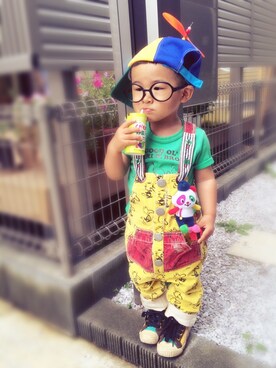 「アイテム（サロペット/オーバーオール、イエロー系）」を使った、ちけぱるさん（キッズ・90cm）の夏コーディネート