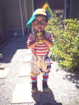 「FLYING TIGERS（フライングタイガー）のアイテム（キャップ）」を使った、ちけぱるさん（キッズ・90cm）の夏コーディネート