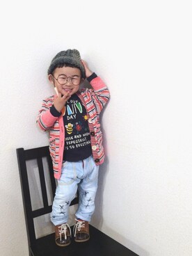 「One deux boo（ワンドゥーブー）のアイテム（ニットキャップ/ビーニー）」を使った、ちけぱるさん（キッズ・90cm）の冬コーディネート
