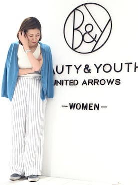 「BEAUTY&YOUTH UNITED ARROWS(ビューティーアンドユースユナイテッドアローズ)の<6(ROKU)>COTTON SILK CARDIGAN/カーディガン(カーディガン/ボレロ、ブルー系)」を使った、Momoko Kiguchiさん(レディース・160cm)の夏コーディネート