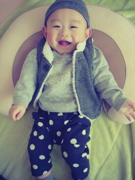 「PETIT BATEAU（プチバトー）のアイテム（ニットキャップ/ビーニー）」を使った、kyomomoさん（キッズ・70cm）の春コーディネート