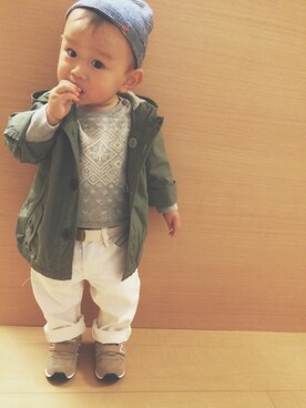 「PETIT BATEAU（プチバトー）のアイテム（ニットキャップ/ビーニー）」を使った、kyomomoさん（キッズ・70cm）の秋コーディネート