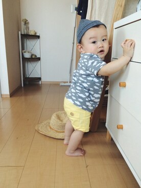 「PETIT BATEAU（プチバトー）のアイテム（ニットキャップ/ビーニー）」を使った、kyomomoさん（キッズ・70cm）の春コーディネート