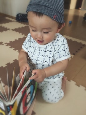 「PETIT BATEAU（プチバトー）のアイテム（ニットキャップ/ビーニー）」を使った、kyomomoさん（キッズ・70cm）の夏コーディネート