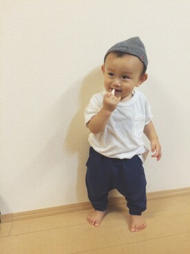 「PETIT BATEAU（プチバトー）のアイテム（ニットキャップ/ビーニー）」を使った、kyomomoさん（キッズ・70cm）の秋コーディネート
