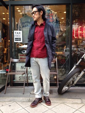 「schott（ショット）のアイテム（ステンカラーコート）」を使った、ishizawaさん（メンズ・173cm）の秋コーディネート