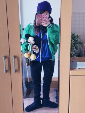 「Disney（ディズニー）のアイテム（フィギュア）」を使った、평야さん（レディース・157cm）の冬コーディネート