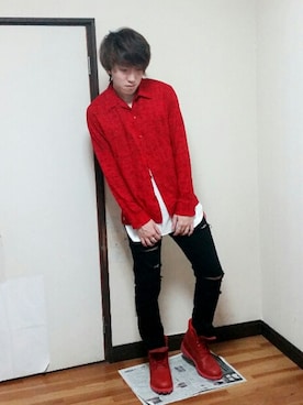 ブーツを使った ダメージ黒スキニー のメンズ人気ファッションコーディネート Wear