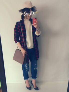 「アイテム（シャツワンピース、レッド系）」を使った、cocoさん（レディース・167cm）の冬コーディネート