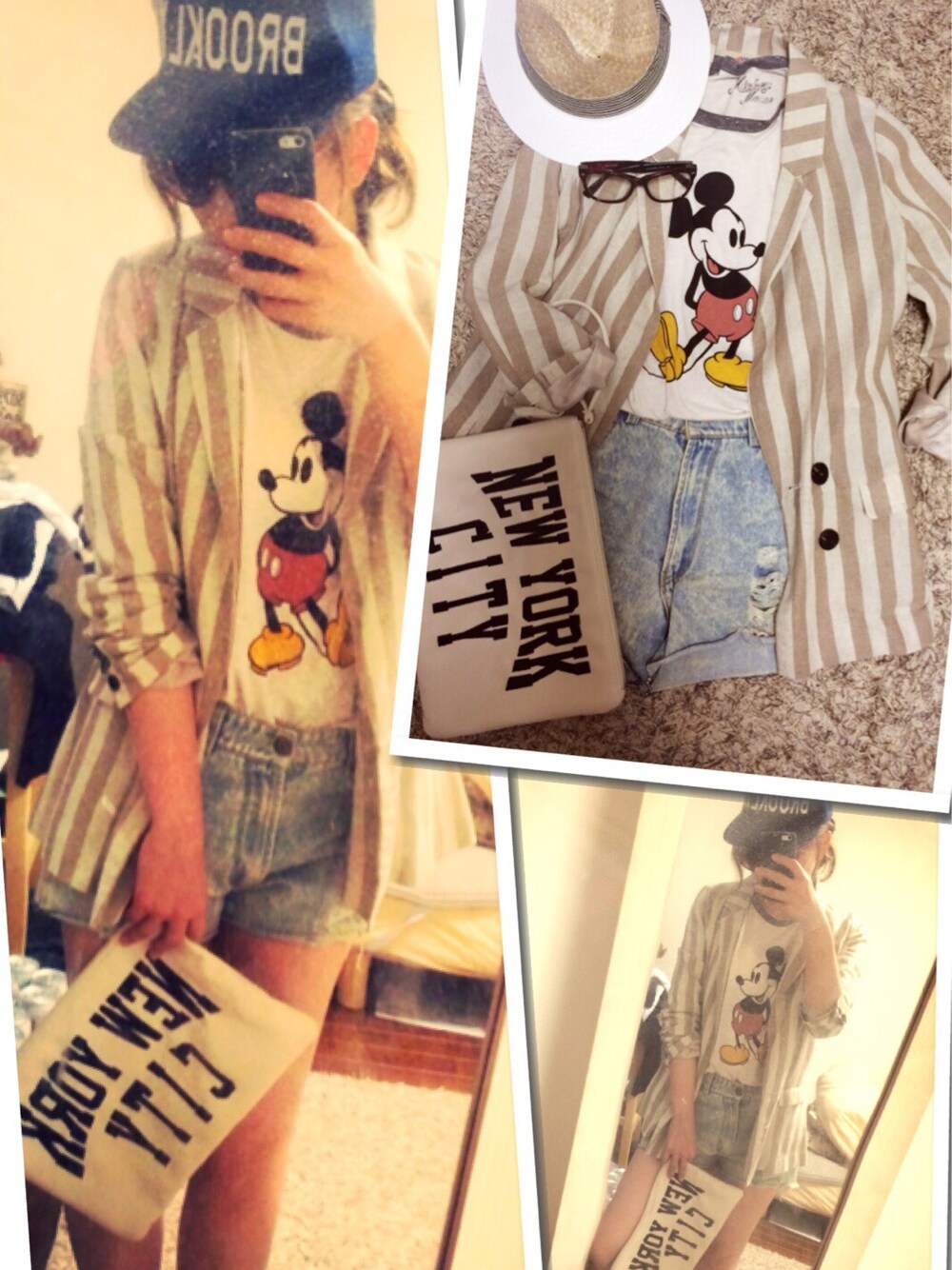 「コンバース、クラッチバッグ、キャップ、ショートパンツ、ダメージデニムパンツ、ミッキーT」｜「ZARAのハット（ハット、ホワイト系）」を使った、r♡eさん（レディース・163cm）の春コーディネートの1枚目の写真