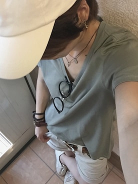 「AZUL by moussy（アズールバイマウジー）のｵｰｶﾞﾆｯｸｺｯﾄﾝVﾈｯｸ半袖PO（Tシャツ/カットソー）」を使った、basilさん（レディース・156cm）の夏コーディネート