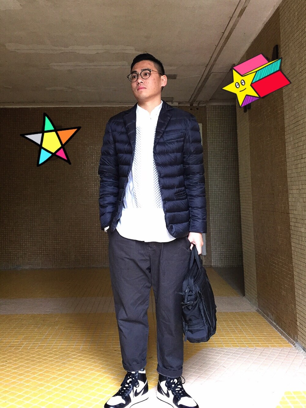 「work、Friday、ganryu、COMME des GARCONS、jordan1、NIKE、sneakers、Down Jacket 、HeadPorter、hkboy」｜「8 eight secondsのアイテム（ダウンジャケット/コート、ブルー系）」を使った、Cyrusさん（メンズ・168cm）の春コーディネートの1枚目の写真