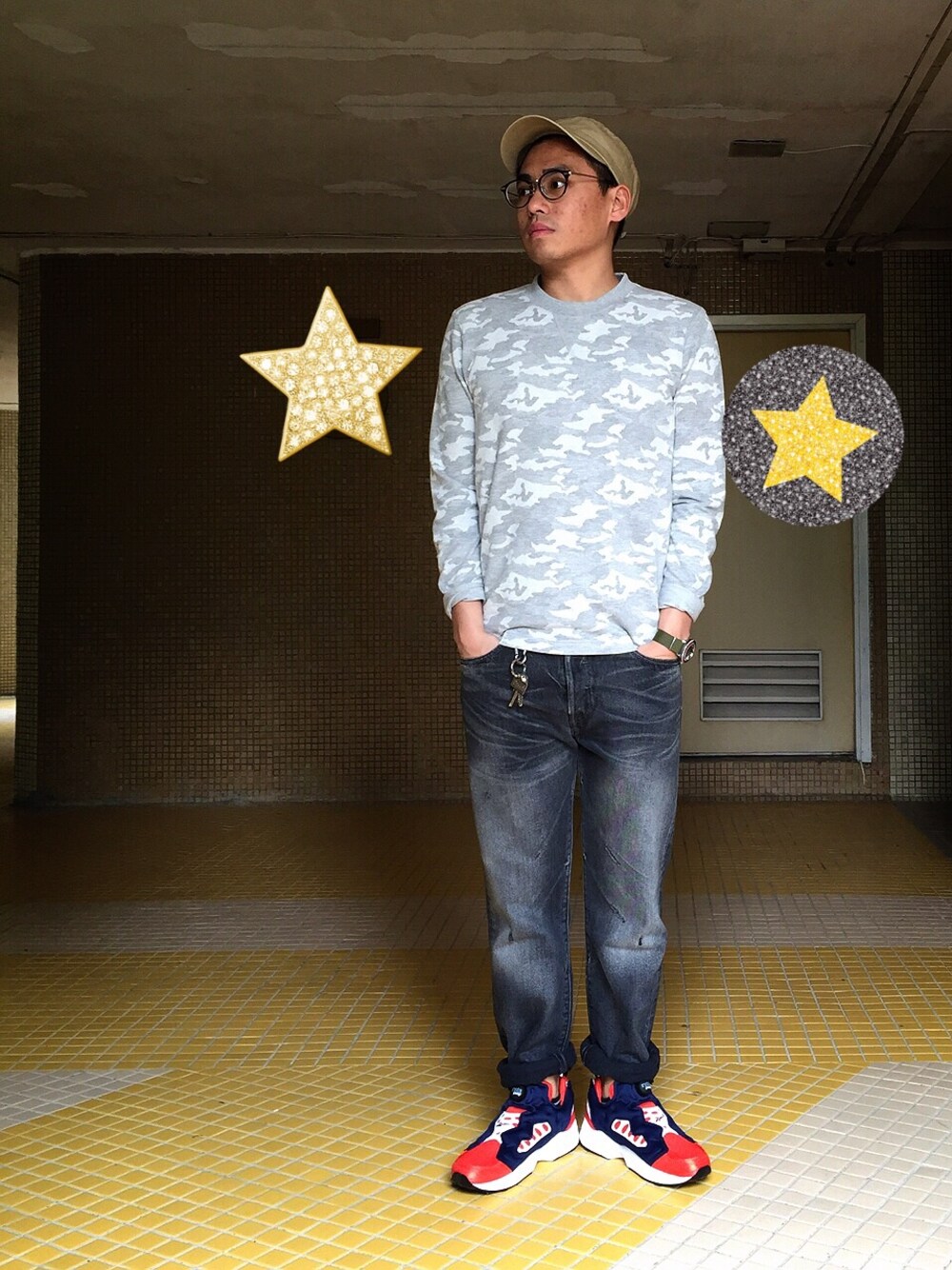 「Levis、501、camouflage、camo、blackjeans、workcap、pumpfuryroad、PUMP FURY、reebok、hkboy」｜「Levi'sのアイテム（デニムパンツ、ブラック系）」を使った、Cyrusさん（メンズ・168cm）の春コーディネートの1枚目の写真