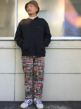 「RRL（ダブル アール エル）のアイテム（スウェット）」を使った、O.P.Eさん（メンズ・172cm）の春コーディネート